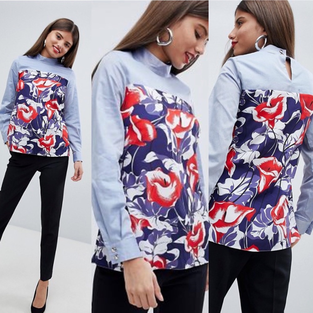 Closet London HighNeck Duel Fabric Blouse at ASOS